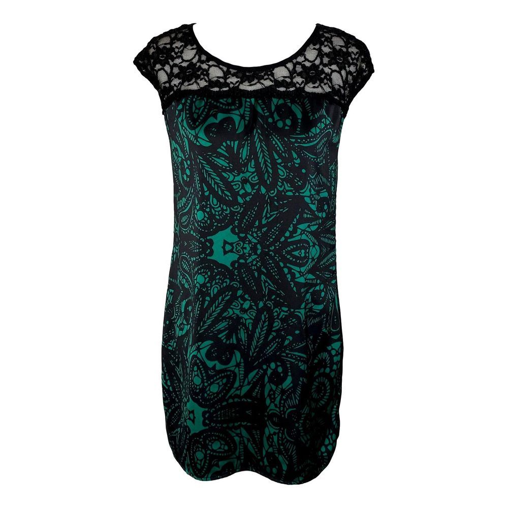 Express Teal Black Lace Print Dress Small